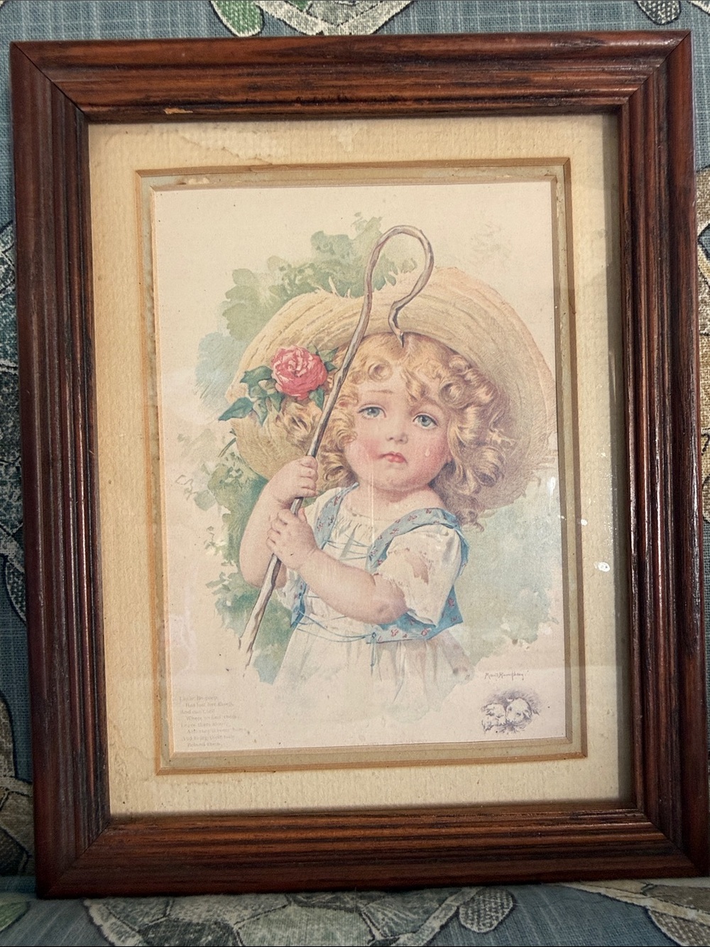 Vintage Framed Little Bo Peep Portrait Print in Wood Frame - Blue and Cream